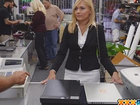 Blonde office worker seduces and takes a huge cock in a pawn shop
