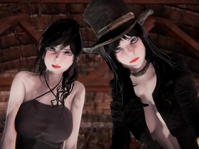Pale twin sisters engage in a threesome in a dungeon setting