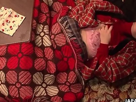Nerdy Asian teen teases her pussy under the blanket