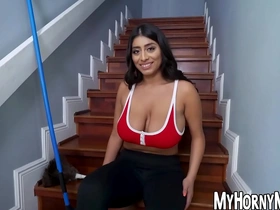 A brunette maid with natural assets enjoys a POV sex session before receiving a vigorous pounding