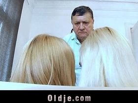 Two blonde teens pleasure a fat old man with rimming and sucking