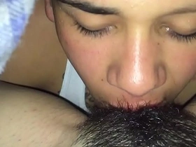 Close up of horny submissive eating pussy