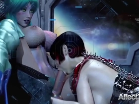 Three-dimensional animated futanari girls engage in a threesome on a futuristic space station