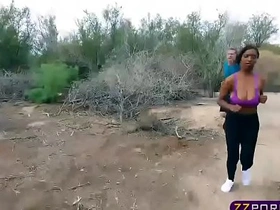 Voluptuous ebony runner encounters a well-endowed stranger for an intense encounter