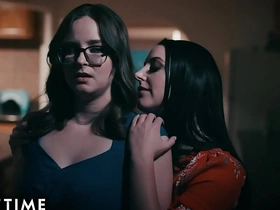Jay Taylor's intense gaze towards Angela White in authentic suburban lesbian encounter