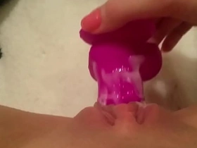 Young girl explores her new toy and invites you to join her in the pleasure