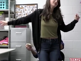 A brunette teen with large breasts is apprehended for shoplifting and intensely seduced by a security guard