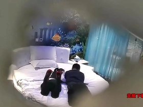 A custom-made hotel room featuring a charming transgender woman with long legs and a large penis welcomes a overweight man for double penetration