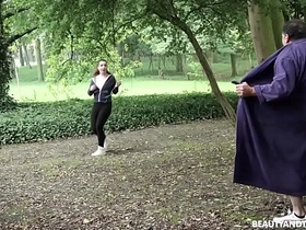 Elderly man surprises a young woman jogging and seduces her for intense sex
